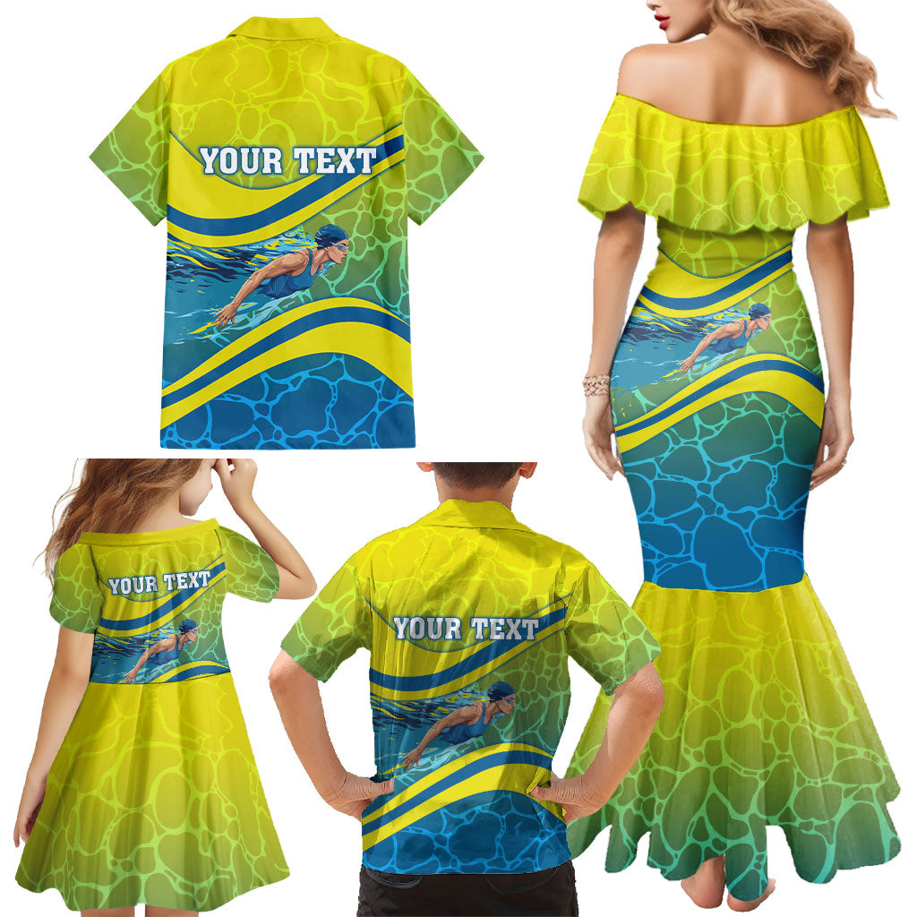 Personalized Australia Water Polo Swimmer Family Matching Mermaid Dress and Hawaiian Shirt Dynamic Swimmer With Wave Pattern And National Colors