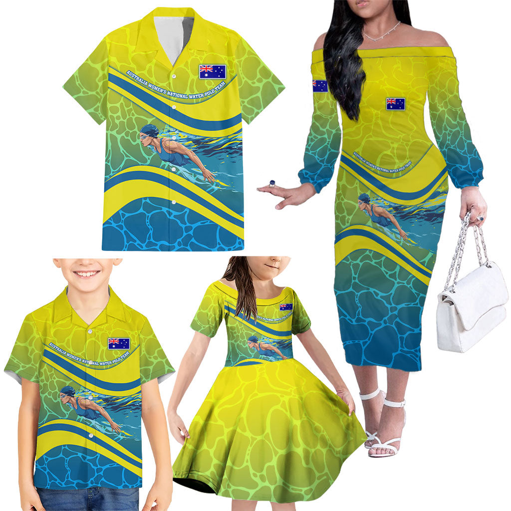 Personalized Australia Water Polo Swimmer Family Matching Off The Shoulder Long Sleeve Dress and Hawaiian Shirt Dynamic Swimmer With Wave Pattern And National Colors