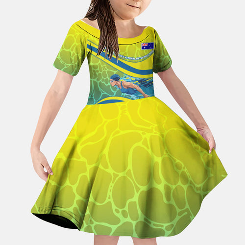 Personalized Australia Water Polo Swimmer Family Matching Off The Shoulder Long Sleeve Dress and Hawaiian Shirt Dynamic Swimmer With Wave Pattern And National Colors