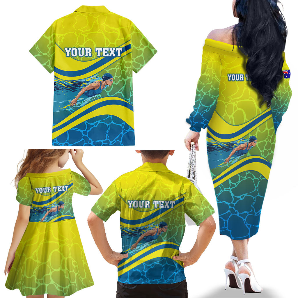 Personalized Australia Water Polo Swimmer Family Matching Off The Shoulder Long Sleeve Dress and Hawaiian Shirt Dynamic Swimmer With Wave Pattern And National Colors
