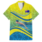 Personalized Australia Water Polo Swimmer Family Matching Off The Shoulder Long Sleeve Dress and Hawaiian Shirt Dynamic Swimmer With Wave Pattern And National Colors