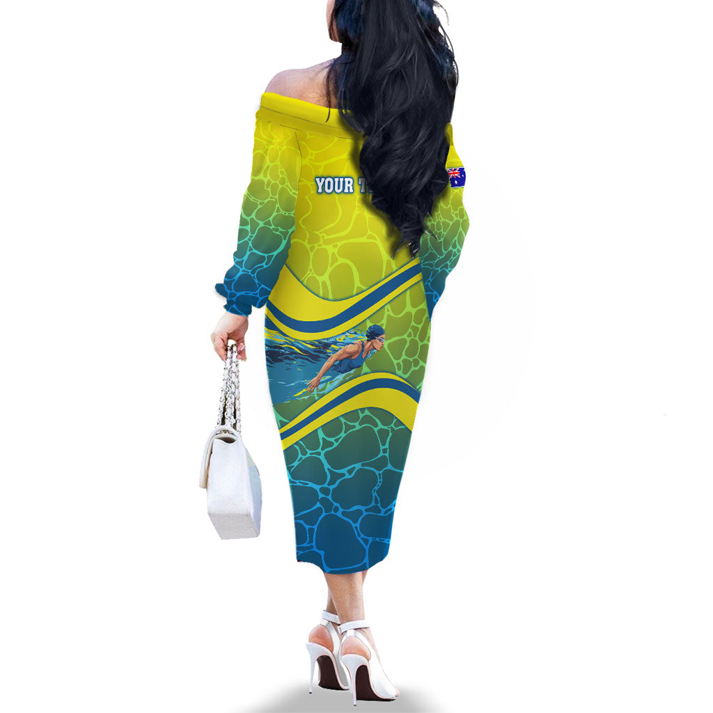 Personalized Australia Water Polo Swimmer Family Matching Off The Shoulder Long Sleeve Dress and Hawaiian Shirt Dynamic Swimmer With Wave Pattern And National Colors