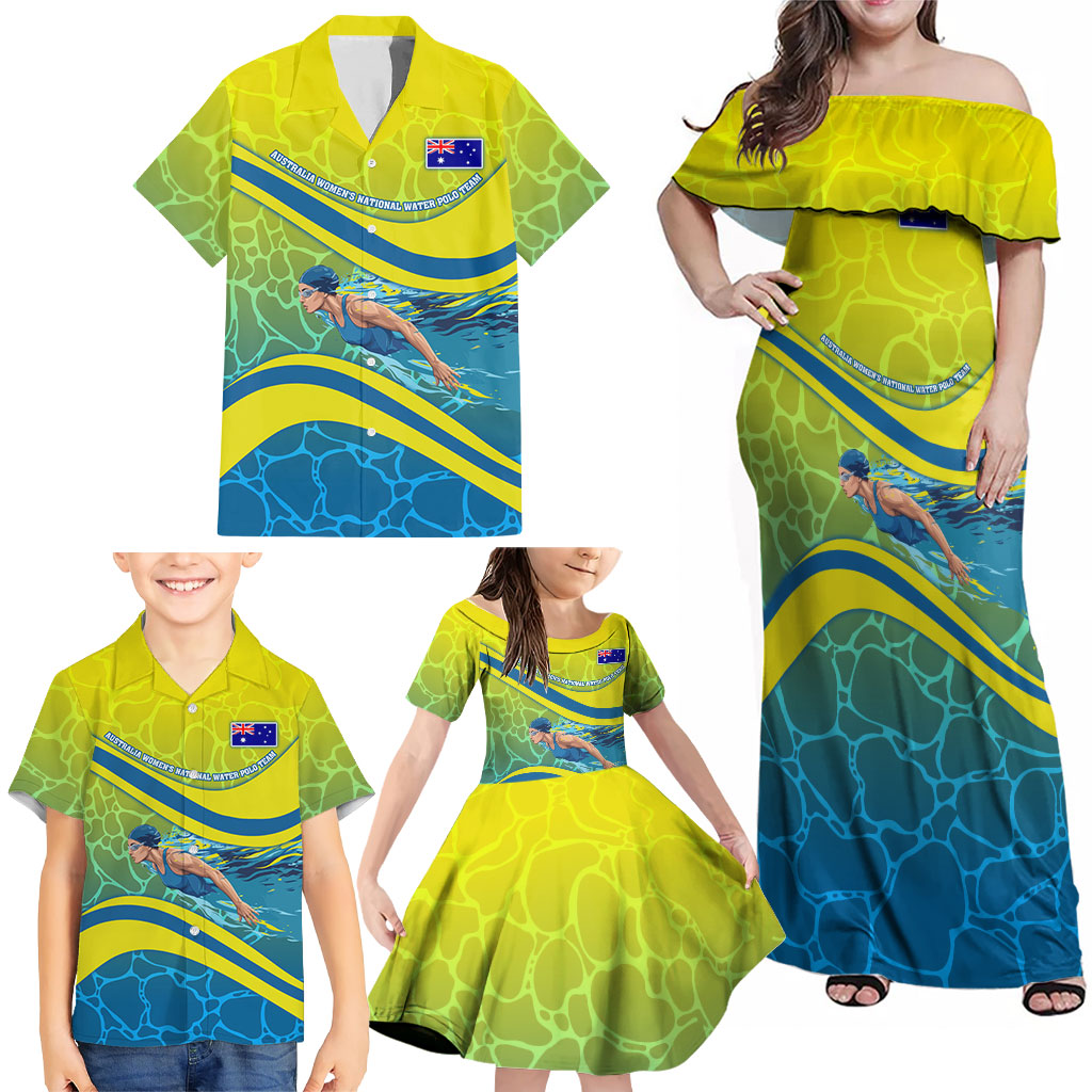 Personalized Australia Water Polo Swimmer Family Matching Off Shoulder Maxi Dress and Hawaiian Shirt Dynamic Swimmer With Wave Pattern And National Colors