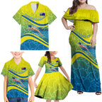 Personalized Australia Water Polo Swimmer Family Matching Off Shoulder Maxi Dress and Hawaiian Shirt Dynamic Swimmer With Wave Pattern And National Colors