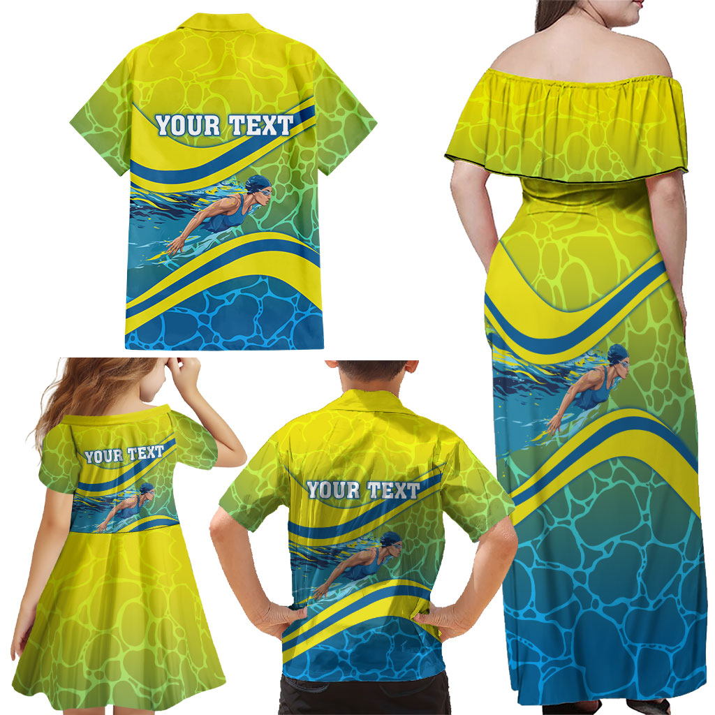 Personalized Australia Water Polo Swimmer Family Matching Off Shoulder Maxi Dress and Hawaiian Shirt Dynamic Swimmer With Wave Pattern And National Colors