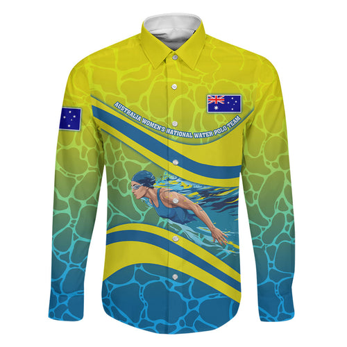 Personalized Australia Water Polo Swimmer Family Matching Off Shoulder Maxi Dress and Hawaiian Shirt Dynamic Swimmer With Wave Pattern And National Colors