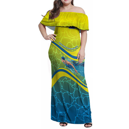 Personalized Australia Water Polo Swimmer Family Matching Off Shoulder Maxi Dress and Hawaiian Shirt Dynamic Swimmer With Wave Pattern And National Colors
