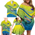 Personalized Australia Water Polo Swimmer Family Matching Off Shoulder Short Dress and Hawaiian Shirt Dynamic Swimmer With Wave Pattern And National Colors