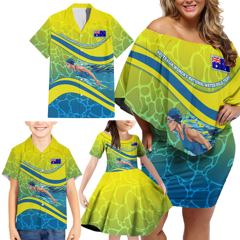 Personalized Australia Water Polo Swimmer Family Matching Off Shoulder Short Dress and Hawaiian Shirt Dynamic Swimmer With Wave Pattern And National Colors