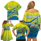 Personalized Australia Water Polo Swimmer Family Matching Off Shoulder Short Dress and Hawaiian Shirt Dynamic Swimmer With Wave Pattern And National Colors