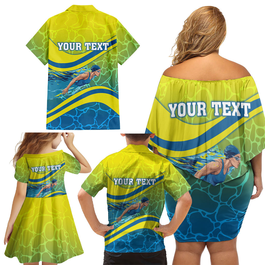 Personalized Australia Water Polo Swimmer Family Matching Off Shoulder Short Dress and Hawaiian Shirt Dynamic Swimmer With Wave Pattern And National Colors