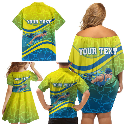 Personalized Australia Water Polo Swimmer Family Matching Off Shoulder Short Dress and Hawaiian Shirt Dynamic Swimmer With Wave Pattern And National Colors