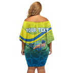 Personalized Australia Water Polo Swimmer Family Matching Off Shoulder Short Dress and Hawaiian Shirt Dynamic Swimmer With Wave Pattern And National Colors