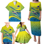Personalized Australia Water Polo Swimmer Family Matching Puletasi and Hawaiian Shirt Dynamic Swimmer With Wave Pattern And National Colors
