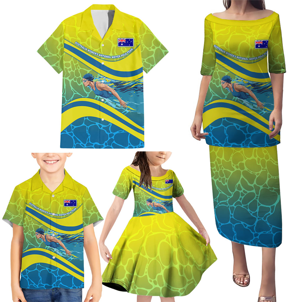 Personalized Australia Water Polo Swimmer Family Matching Puletasi and Hawaiian Shirt Dynamic Swimmer With Wave Pattern And National Colors