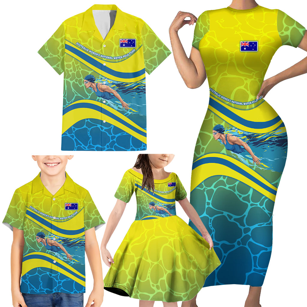 Personalized Australia Water Polo Swimmer Family Matching Short Sleeve Bodycon Dress and Hawaiian Shirt Dynamic Swimmer With Wave Pattern And National Colors