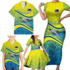 Personalized Australia Water Polo Swimmer Family Matching Short Sleeve Bodycon Dress and Hawaiian Shirt Dynamic Swimmer With Wave Pattern And National Colors