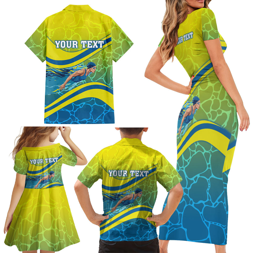 Personalized Australia Water Polo Swimmer Family Matching Short Sleeve Bodycon Dress and Hawaiian Shirt Dynamic Swimmer With Wave Pattern And National Colors