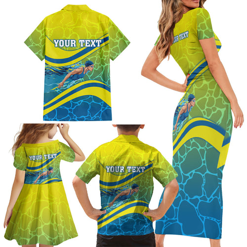 Personalized Australia Water Polo Swimmer Family Matching Short Sleeve Bodycon Dress and Hawaiian Shirt Dynamic Swimmer With Wave Pattern And National Colors