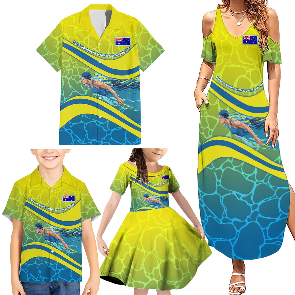 Personalized Australia Water Polo Swimmer Family Matching Summer Maxi Dress and Hawaiian Shirt Dynamic Swimmer With Wave Pattern And National Colors