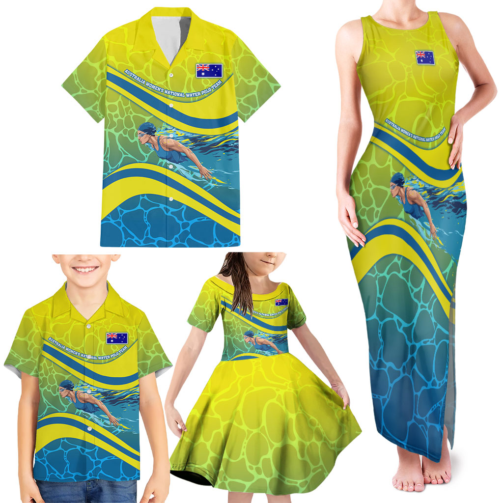 Personalized Australia Water Polo Swimmer Family Matching Tank Maxi Dress and Hawaiian Shirt Dynamic Swimmer With Wave Pattern And National Colors