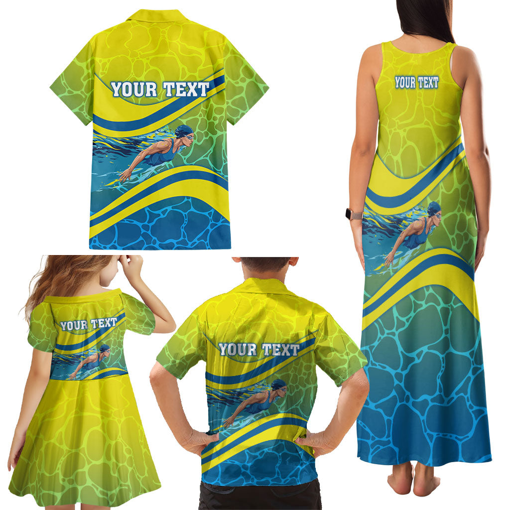 Personalized Australia Water Polo Swimmer Family Matching Tank Maxi Dress and Hawaiian Shirt Dynamic Swimmer With Wave Pattern And National Colors