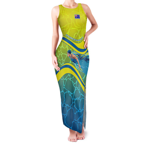 Personalized Australia Water Polo Swimmer Family Matching Tank Maxi Dress and Hawaiian Shirt Dynamic Swimmer With Wave Pattern And National Colors
