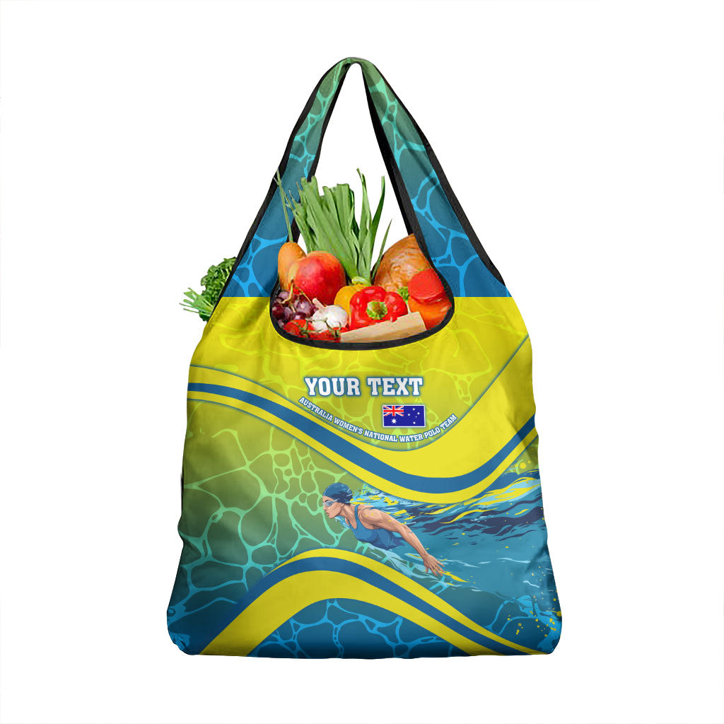 Personalized Australia Water Polo Swimmer Grocery Bag Dynamic Swimmer With Wave Pattern And National Colors