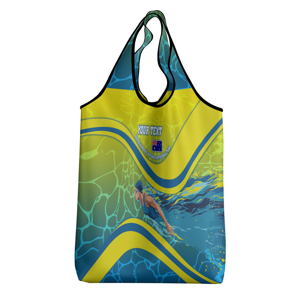 Personalized Australia Water Polo Swimmer Grocery Bag Dynamic Swimmer With Wave Pattern And National Colors