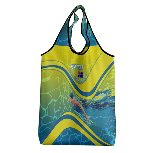 Personalized Australia Water Polo Swimmer Grocery Bag Dynamic Swimmer With Wave Pattern And National Colors