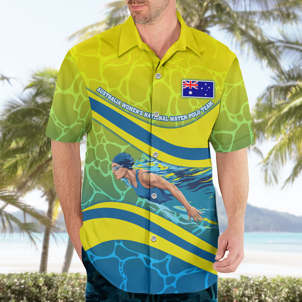 Personalized Australia Water Polo Swimmer Hawaiian Shirt Dynamic Swimmer With Wave Pattern And National Colors