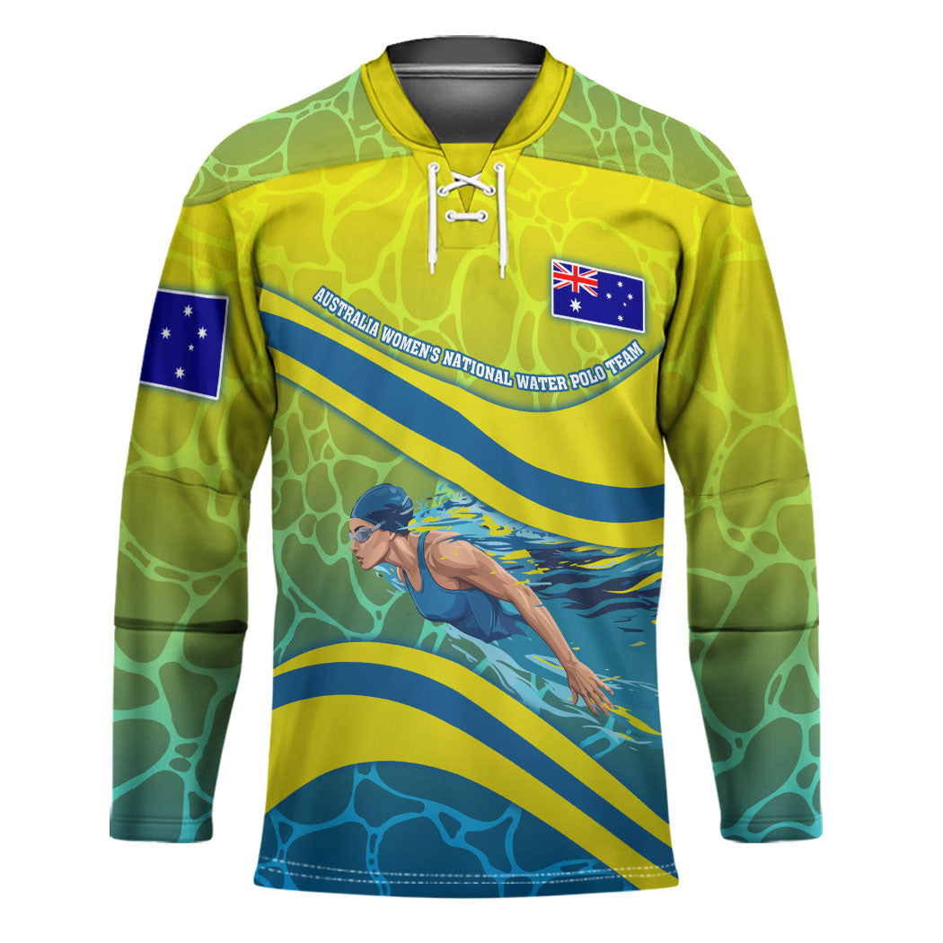Personalized Australia Water Polo Swimmer Hockey Jersey Dynamic Swimmer With Wave Pattern And National Colors