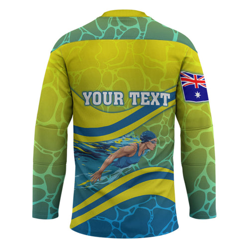 Personalized Australia Water Polo Swimmer Hockey Jersey Dynamic Swimmer With Wave Pattern And National Colors