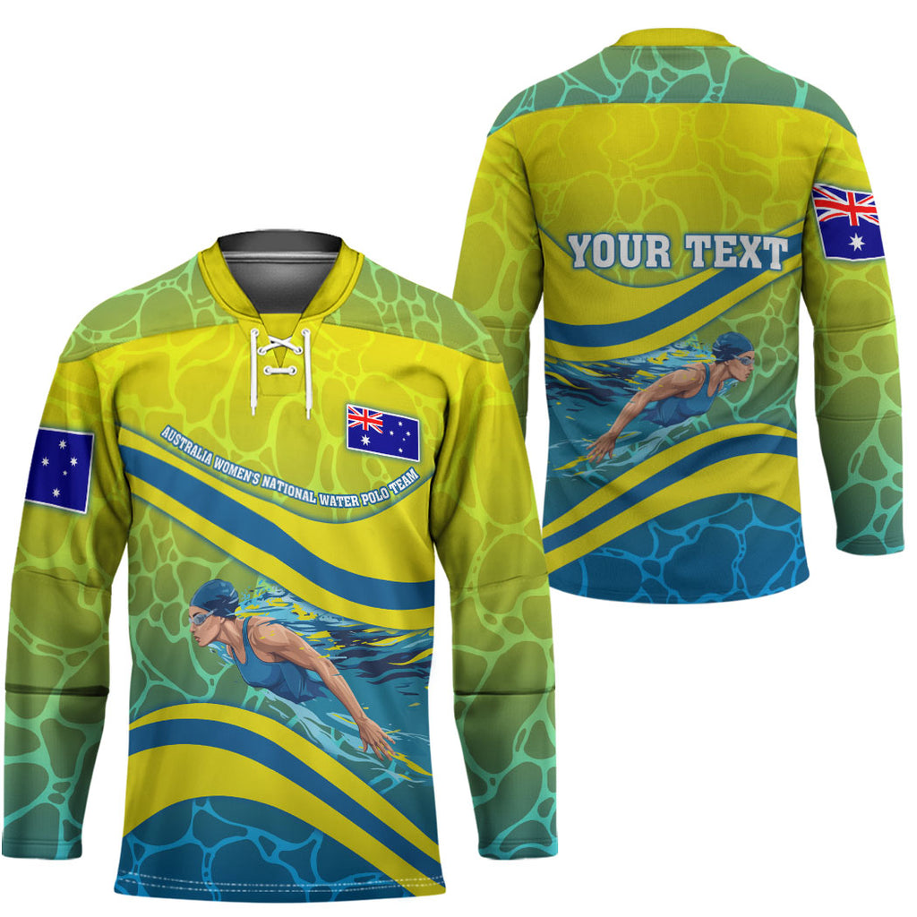 Personalized Australia Water Polo Swimmer Hockey Jersey Dynamic Swimmer With Wave Pattern And National Colors
