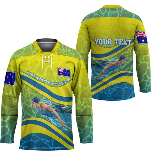 Personalized Australia Water Polo Swimmer Hockey Jersey Dynamic Swimmer With Wave Pattern And National Colors