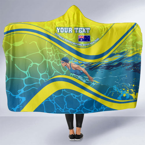 Personalized Australia Water Polo Swimmer Hooded Blanket Dynamic Swimmer With Wave Pattern And National Colors
