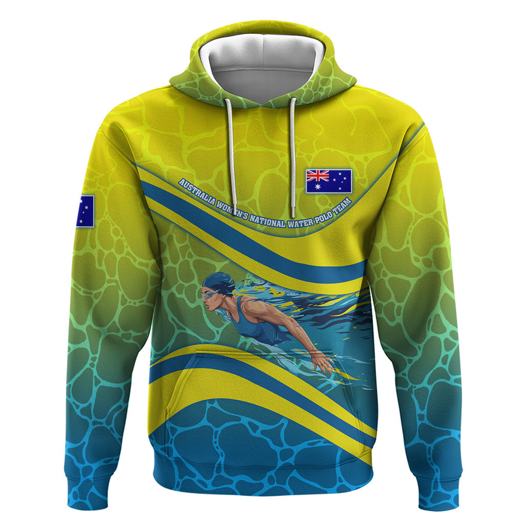 Personalized Australia Water Polo Swimmer Hoodie Dynamic Swimmer With Wave Pattern And National Colors