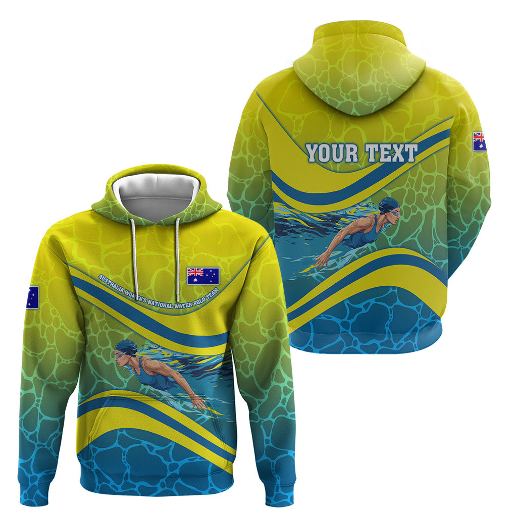 Personalized Australia Water Polo Swimmer Hoodie Dynamic Swimmer With Wave Pattern And National Colors