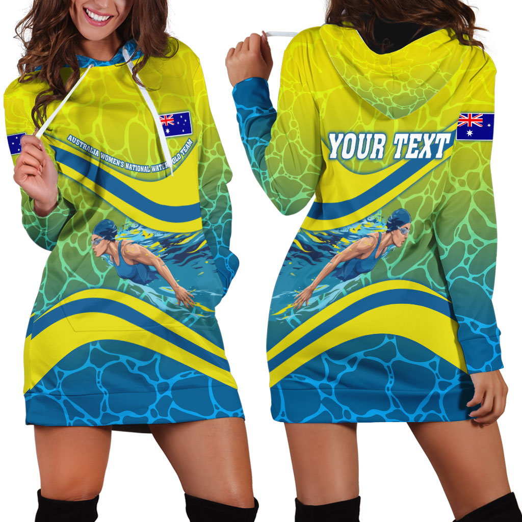 Personalized Australia Water Polo Swimmer Hoodie Dress Dynamic Swimmer With Wave Pattern And National Colors