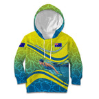 Personalized Australia Water Polo Swimmer Kid Hoodie Dynamic Swimmer With Wave Pattern And National Colors