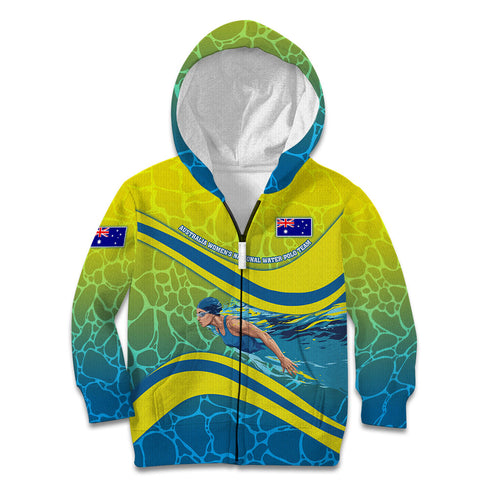 Personalized Australia Water Polo Swimmer Kid Hoodie Dynamic Swimmer With Wave Pattern And National Colors