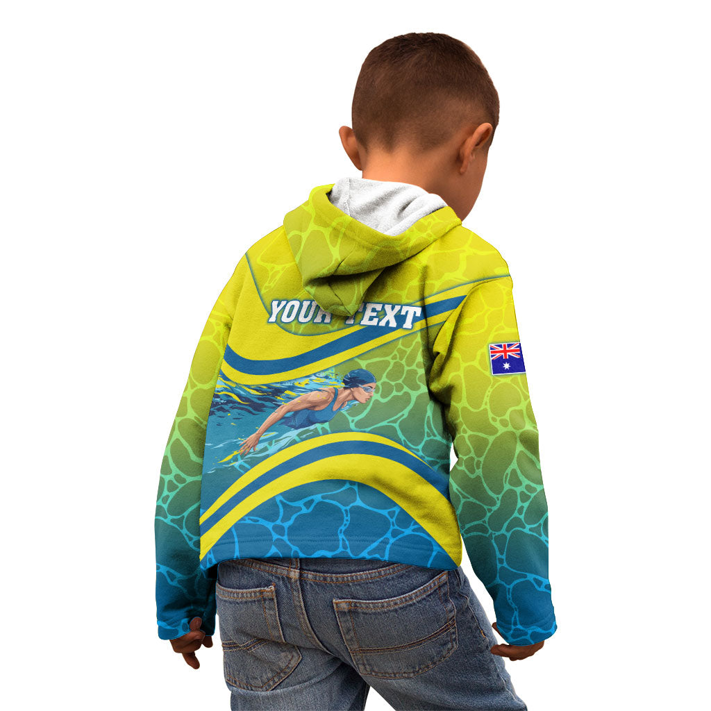 Personalized Australia Water Polo Swimmer Kid Hoodie Dynamic Swimmer With Wave Pattern And National Colors