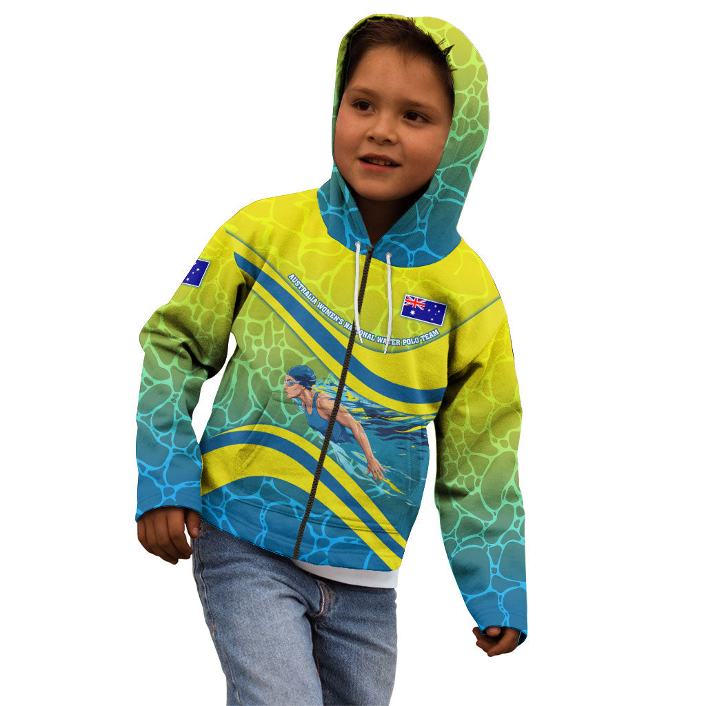 Personalized Australia Water Polo Swimmer Kid Hoodie Dynamic Swimmer With Wave Pattern And National Colors