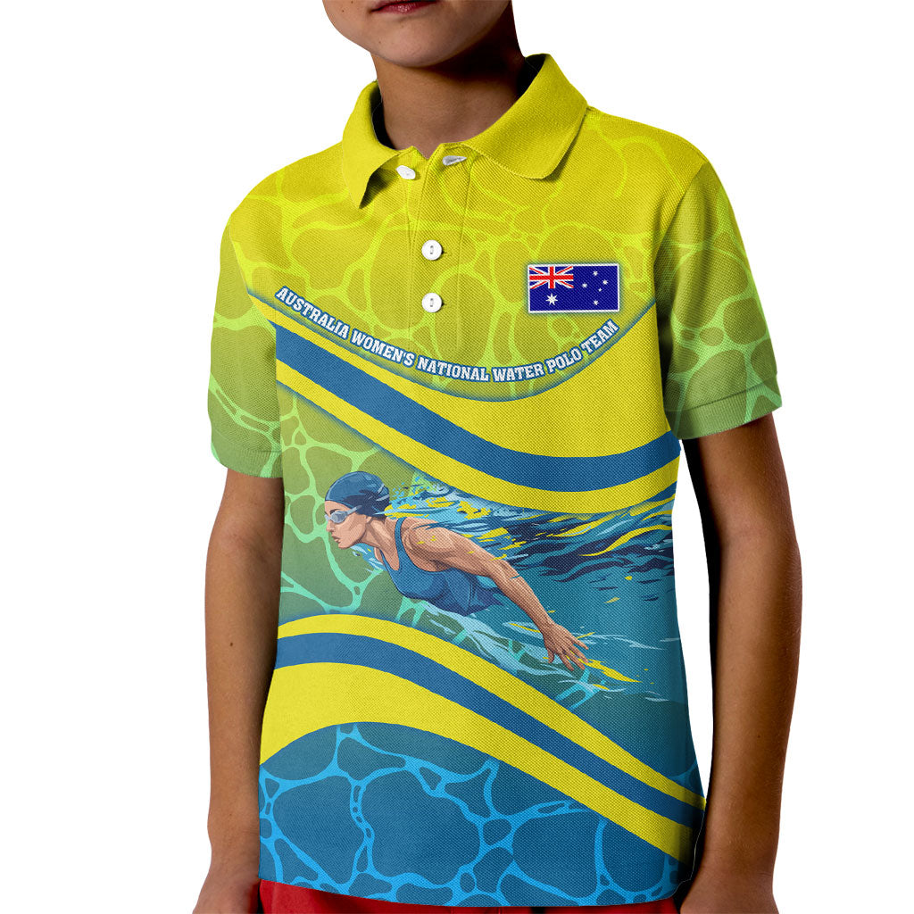 Personalized Australia Water Polo Swimmer Kid Polo Shirt Dynamic Swimmer With Wave Pattern And National Colors