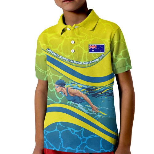 Personalized Australia Water Polo Swimmer Kid Polo Shirt Dynamic Swimmer With Wave Pattern And National Colors