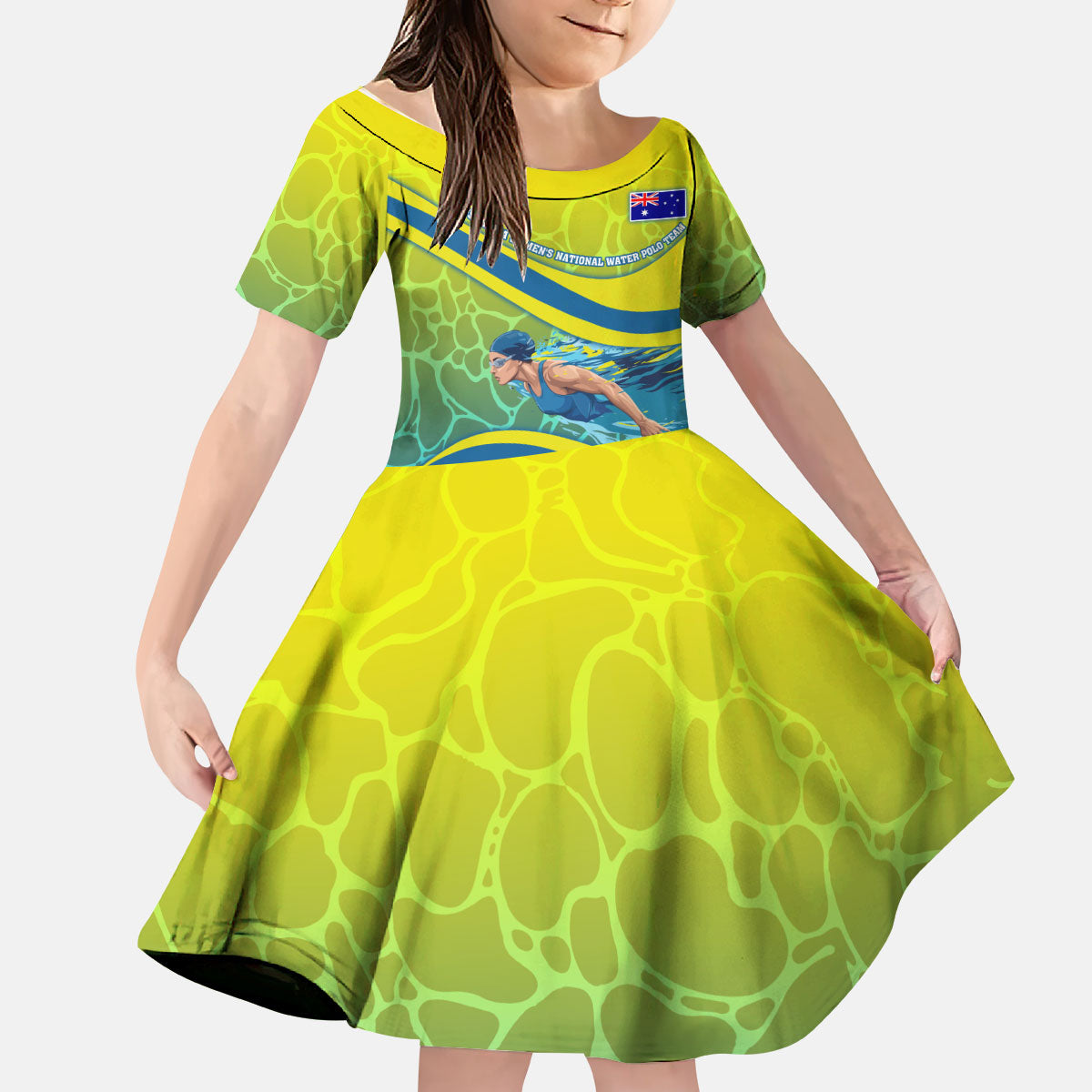 Personalized Australia Water Polo Swimmer Kid Short Sleeve Dress Dynamic Swimmer With Wave Pattern And National Colors