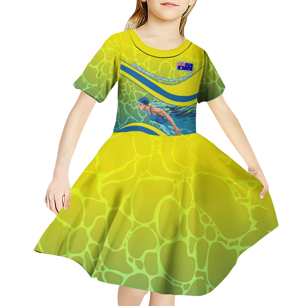 Personalized Australia Water Polo Swimmer Kid Short Sleeve Dress Dynamic Swimmer With Wave Pattern And National Colors