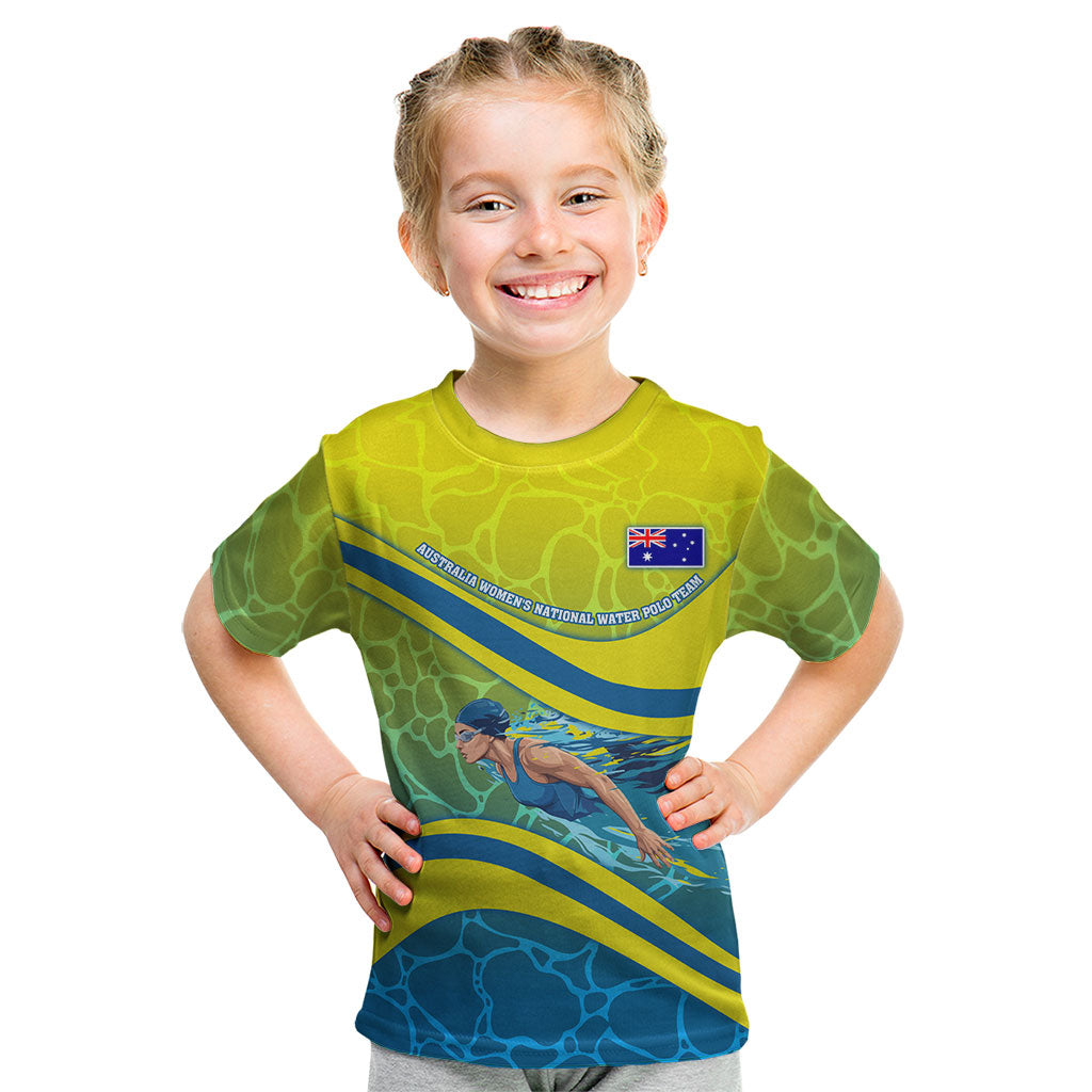 Personalized Australia Water Polo Swimmer Kid T Shirt Dynamic Swimmer With Wave Pattern And National Colors