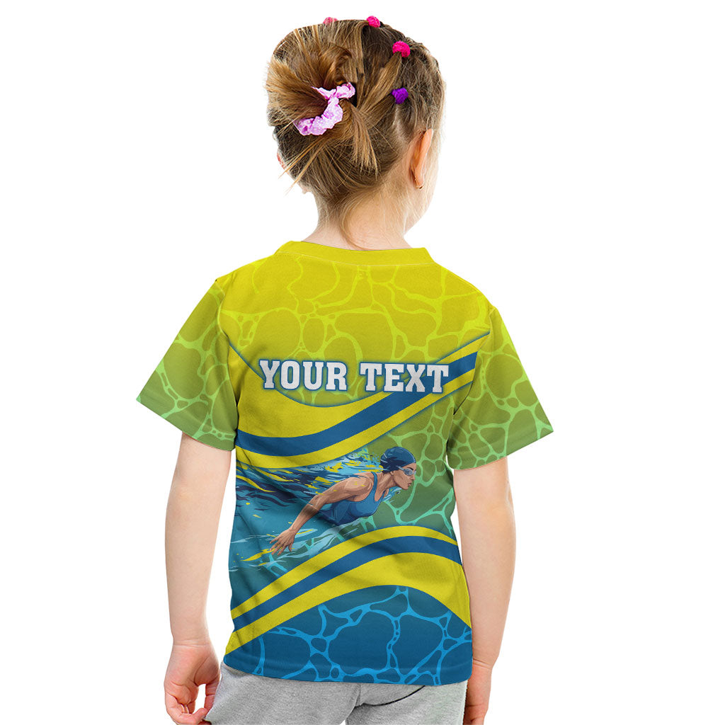 Personalized Australia Water Polo Swimmer Kid T Shirt Dynamic Swimmer With Wave Pattern And National Colors