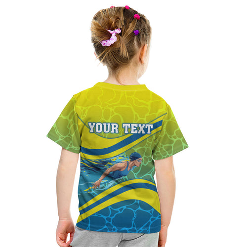 Personalized Australia Water Polo Swimmer Kid T Shirt Dynamic Swimmer With Wave Pattern And National Colors